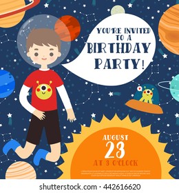 Cute Birthday Invitation Template With Cartoon Boy In Space. Space Party Invitation Template.