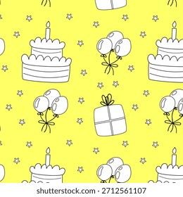Cute Birthday Line-Art Pattern with Cake, Wrapped Presents, Balloons, and Stars – Seamless Outline Design for Party Invitations and Decor
