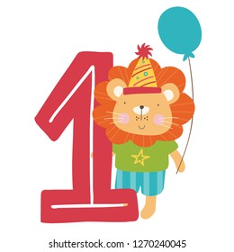 A cute birthday lion, standing by a giant number 1, wearing a fun party hat and holding a balloon...