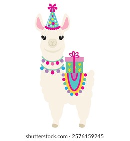 Cute birthday llama vector cartoon illustration