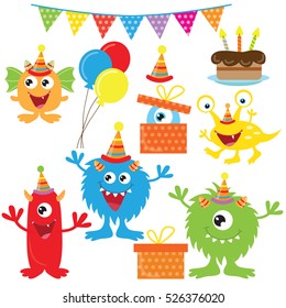 Cute birthday monster vector cartoon illustration 