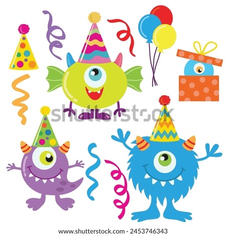 Cute birthday monster vector cartoon illustration
