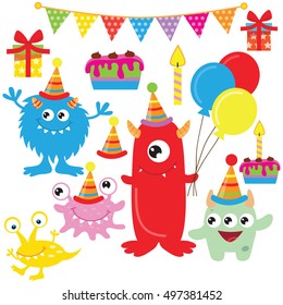 Cute birthday monsters vector cartoon illustration