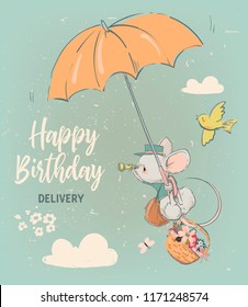 Cute Birthday Mouse With Flowers