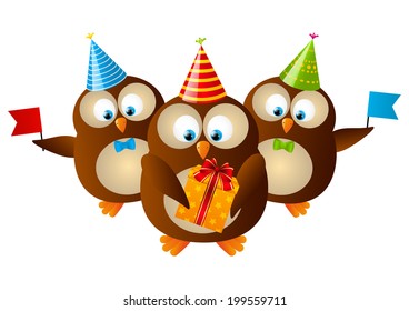 Cute Birthday owls isolated on white