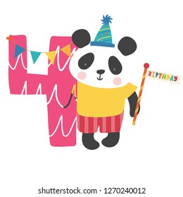 A cute birthday panda, standing against a giant number 4, with colourful bunting, wearing a party hat and holding a birthday flag.