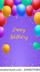 Cute birthday party celebration card vertical template with colorful balloons