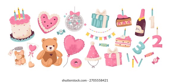 Cute birthday party elements celebration set. Playful illustration featuring cakes, gifts, balloons, sweets, toys, and party decorations in soft pastel colors for birthday.
