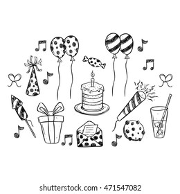 Cute birthday party elements using doodle or hand drawing style