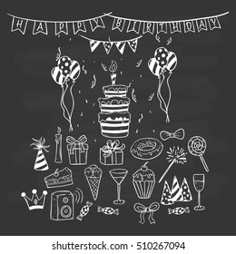 cute birthday party elements using hand drawing and doodle art on chalkboard background