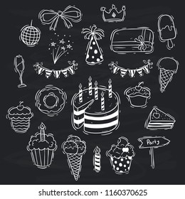 cute birthday party icons with slice cake, gift box and cupcake on blackboard background
