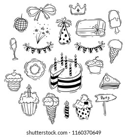 cute birthday party icons with slice cake, gift box and cupcake