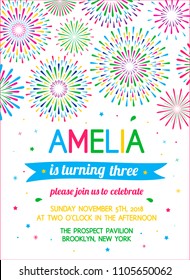 Cute birthday party invitation with abstract flowers fireworks. Vector illustration