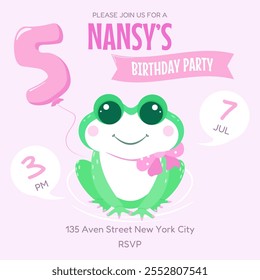 Cute birthday party invitation children card with cheerful, smiling and happy frog girl. Vector illustration.