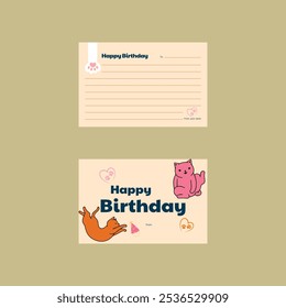 Cute Birthday Party minimal flat gift Cards design. Hand Drawn cute Cat.