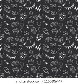 cute birthday party seamless pattern with hand drawn style on chalkboard background