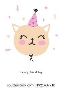 Cute Birthday Party Vector Card. Hand Drawn Cat in Pink Party Hat, Flying Confetti and Handwritten Wishes Isolated on a White Background. Funny Scandinavian Style Prints ideal for Cards, Greetings.