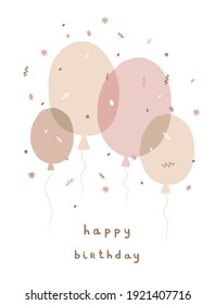 Cute Birthday Party Vector Card with Hand Drawn Pink and Beige Air Balloons, Confetti and Handwritten Wishes Isolated on a White Background. Funny Scandinavian Style Prints ideal for Cards, Greetings.