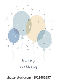 Cute Birthday Party Vector Card with Hand Drawn Blue and Beige Air Balloons, Confetti and Handwritten Wishes Isolated on a White Background. Funny Scandinavian Style Prints ideal for Cards, Greetings.