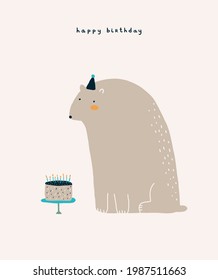 Cute Birthday Party Vector Card. Big Hand Drawn Bear in Small Party Hat and Birthday Cake with Blue Candles on a Light Beige Background. Handwritten Wishes. Happy Birthday. Childish Style Greetings.