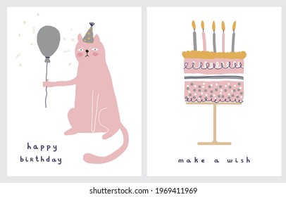 Cute Birthday Party Vector Cards. Hand Drawn Angry Cat in Dotted Party Hat Hiolding Ballonn. Cat, Flying Confetti and Handwritten Wishes on a White Background. Funny Birthday Cake with Candles.