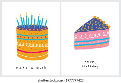 Cute Birthday Party Vector Cards. Hand Drawn Yellow Birthday Cake with Blue Candles on a White Background. Pink Piece of Cake and Handwritten Wishes. Make a Wish. Happy Birthday.