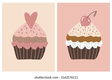 Cute Birthday Party Vektorgrafik. Handgezeichneter Schokoladenkuchen und Muffin mit Herz und Kirsche einzeln auf Creme und rosafarbenem Hintergrund. Sweet Birthday Print ideal für Card, Wall Art, Poster.