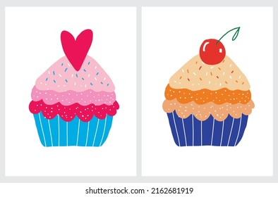 Cute Birthday Party Vektorgrafik. Handgezeichnet bunter Cupcake und Muffin mit Herz und Kirsche einzeln auf weißem Hintergrund. Sweet Birthday Print ideal für Card, Wall Art, Poster.