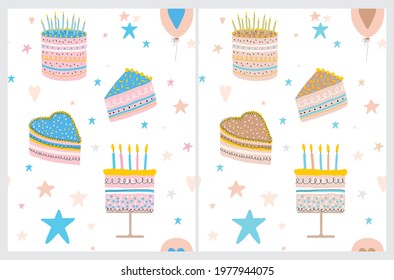 Cute Birthday Party Vector Patterns. Hand Drawn Pastel Pink Birthday Cakes with Blue Candles on a White Background. Heart Shape Piece of Cake, Stars and Balloon with Heart. Funny Birthday Print.