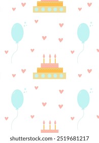 cute birthday pattern with a birthday cake and balloons on a white background