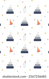 cute birthday pattern with cake, hat and stars on a white background