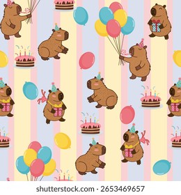 Padrão de aniversário bonito com capivara de desenho animado