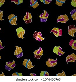 Cute birthday pattern on black, yellow and white. Vector. For food poster design. Seamless cupcake, fairy cake.