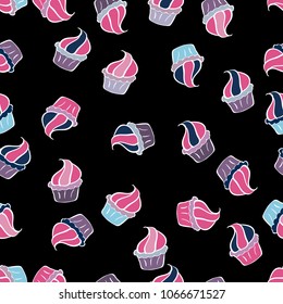 Cute birthday pattern on black, pink, white, blue and neutral. Vector cupcake illustration. Vector illustration. Hand drawn cupcakes. Doodle cakes with cream.