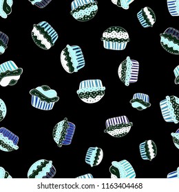 Cute birthday pattern on black, blue and neutral. Vector. Seamless amazing festive cakes and tasty cupcakes of unusual design.