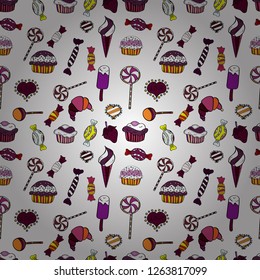 Cute birthday pattern on black, white and purple. Hand drawn cupcakes. Doodle cakes with cream. Vector illustration. Vector cupcake illustration.