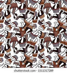 Cute birthday pattern on black, white and brown. Seamless amazing festive cakes and tasty cupcakes of unusual design. Vector.