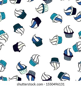 Cute birthday pattern on black, blue and white. Vector. Seamless amazing festive cakes and tasty cupcakes of unusual design.