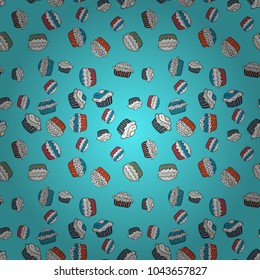 Cute birthday pattern on blue, white and gray. Vector. Seamless amazing festive cakes and tasty cupcakes of unusual design.