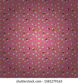 Cute birthday pattern on neutral, white and pink. Vector. Seamless amazing festive cakes and tasty cupcakes of unusual design.