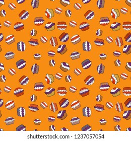 Cute birthday pattern on orange, white and purple. Vector. Seamless amazing festive cakes and tasty cupcakes of unusual design.