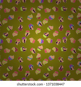 Cute birthday pattern on orange, green and white. Seamless amazing festive cakes and tasty cupcakes of unusual design. Vector.