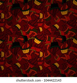 Cute birthday pattern on red, black and brown. Vector. Seamless amazing festive cakes and tasty cupcakes of unusual design.