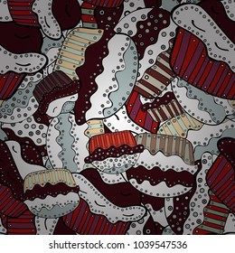 Cute birthday pattern on white, brown and black. For food poster design. Seamless cupcake, fairy cake. Vector.