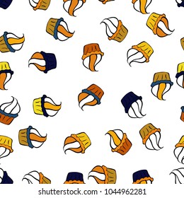 Cute birthday pattern on white, black and orange. Vector. Seamless amazing festive cakes and tasty cupcakes of unusual design.