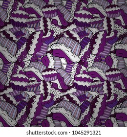 Cute birthday pattern on white, purple and black. Vector. Seamless amazing festive cakes and tasty cupcakes of unusual design.