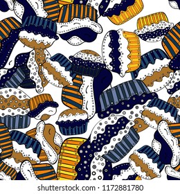 Cute birthday pattern on white, black and blue. Vector. Seamless amazing festive cakes and tasty cupcakes of unusual design.