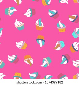 Cute birthday pattern on white, blue and pink. Vector. Seamless amazing festive cakes and tasty cupcakes of unusual design.