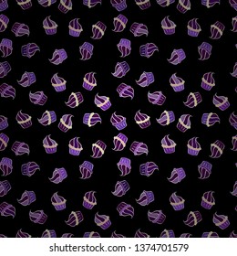 Cute birthday pattern on white, black and purple. Seamless amazing festive cakes and tasty cupcakes of unusual design. Vector.