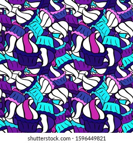Cute birthday pattern on white, black and blue. Vector. Seamless amazing festive cakes and tasty cupcakes of unusual design.